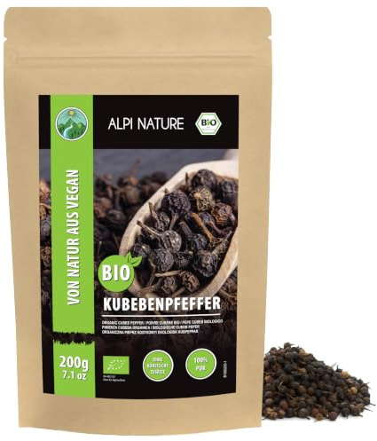 Ekologisk kubepeppar (200 g), ekologiska kubapeppar, javapeppar från kontrollerad ekologisk odling, Cubeb peppar laboratorietestad, 100% ren och naturlig