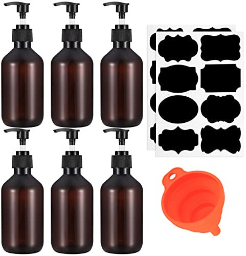 6 Pezzi Bottiglie Vuote con Pompa a Pressione, 300 ml Dispenser di Sapone Liquido, Flaconi a Pompa Dispenser Sapone per Lozioni Doccia Shampoo, con Imbuto, Etichetta