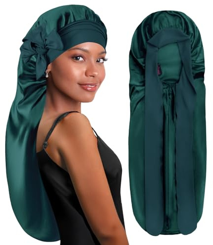 BONNET QUEEN Bonnet Satin Cheveux Longs Nuit Extra Long Bonnet Nuit Anti-Glisse avec Long Bandeau Réglable, Protection Anti-Frisottis pour Cheveux Très Longs, Tresses, Locks & Extensions,Vert foncé