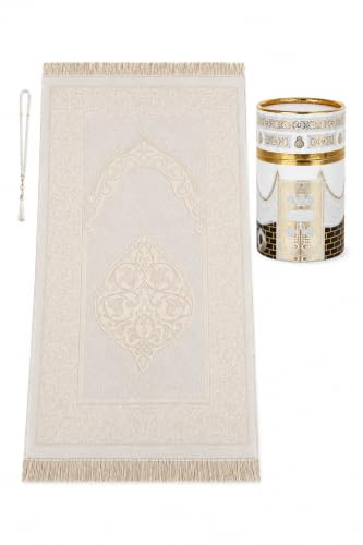 Alfombra de oración musulmana y cuentas de oración con elegante caja de regalo cilíndrica,Janamaz,Sajadah,Alfombra de oración islámica suave,Juego de regalos islámicos, color blanco,Mod2