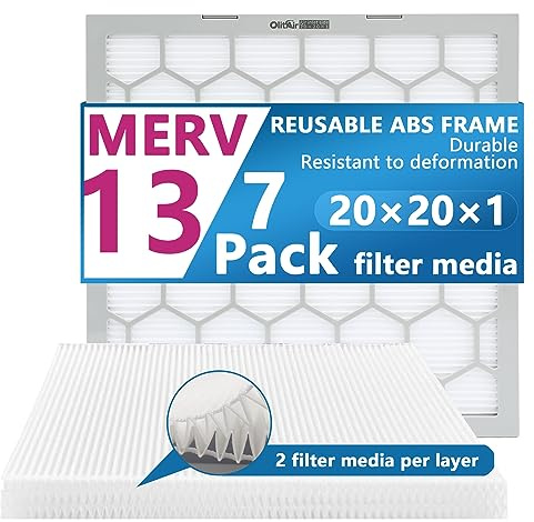 OlitAir 20 x 20 x 1 MERV 13 luftfilter, AC ugn luftfilter, återanvändbar ABS-plastram, 7-pack utbytbara filtermedia (faktisk storlek: 40 x 40 cm x 3/4 tum)
