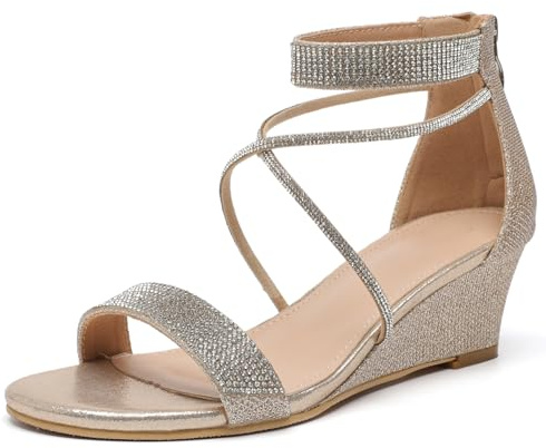 DADAWEN Sandales Compensées Femme Été Sandales à Plateforme Strass Sandale à Talon Compensé Mode Confort pour Soirée Mariage Chaussure Or 34