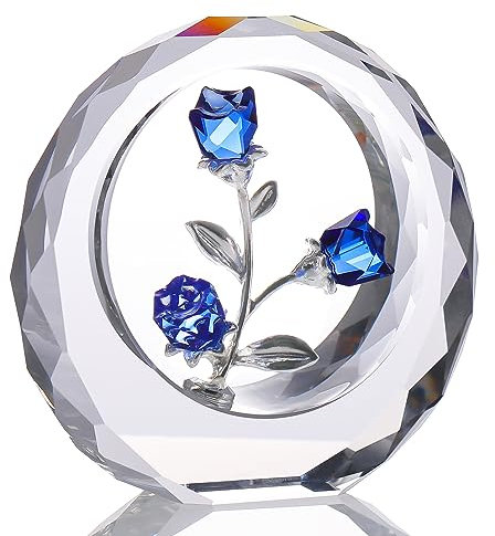 Fiore di rosa blu cristallo statuetta, bouquet di rose in vetro da collezione, fermacarte romantico per donne, mogli, San Valentino, anniversario ornamenti (blu)