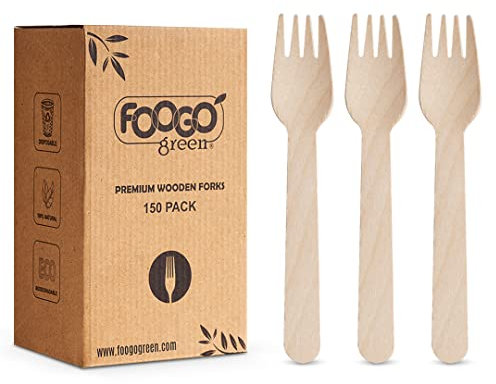 FOOGO Green 150pcs Disposable Wooden Forks, FSC® Certified, 16cm, Biodegradable Compostable, Eco Friendly, Wedding Picnic Party Camping Catering, Like Bamboo Cutlery Set