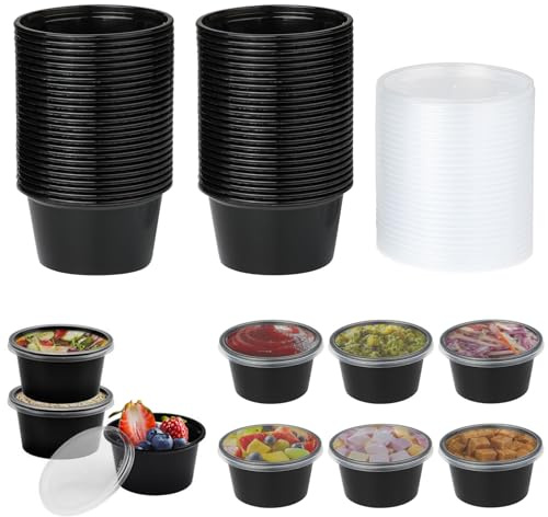 Jogoico 50Pcs Plastic Sauce Containers with Lids Round Food Container - 100ml (4oz) Sauce Pots Small Deli Pots, Meal Prep Takeaway Containers, Reusable Portion Cups, Dips, Salad, Restaurants, Delivery