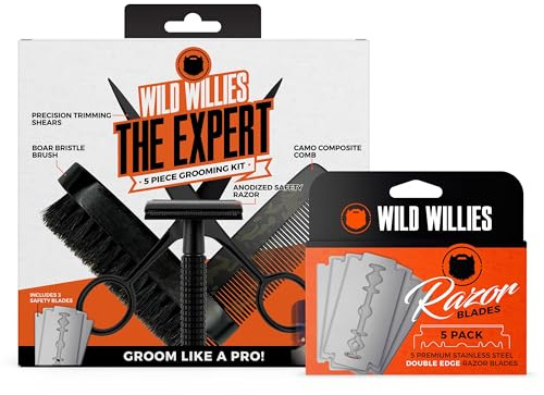 Wild Willies Expert Beard Grooming Kit, 5-Piece Gift Set - Includes Beard Comb, Boar Bristle Beard Brush, Safety Razor, 5 Double Edge Razor Blades & Grooming Shears - Beard Kit for Daily Use for Men