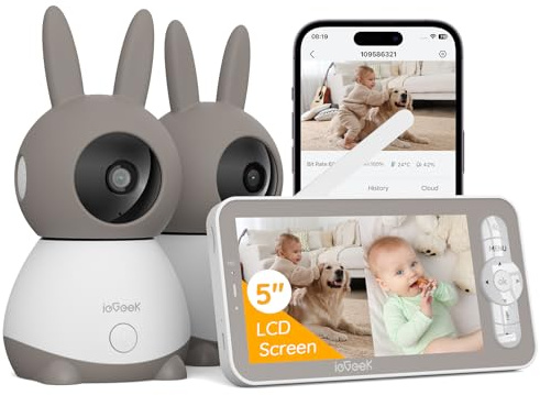 ieGeek 5” 2K/3MP Camara Vigilancia Bebe, 360° Vigilabebes con 2 Camaras con 5” Pantalla Dividible, Monitor con Audio 2 Vías, Automatic Tracking, Area Detection, Deteccion Ruido,Vox, para Recien Nacido