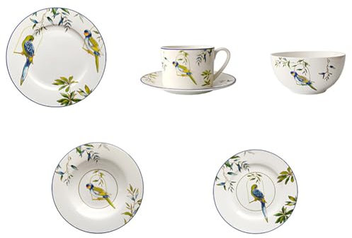 TT-YEC Pastoral Style Bone China Tableware Set, 6 Pieces for 1 Person Dinner Service, with Dinner Plate/Dessert Plate/Bowl/Coffee Cup, Hand-Painted Flower and Bird Pattern Combination Set
