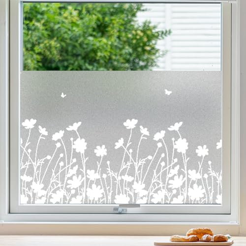 Fensterfolie Blickdicht Sichtschutzfolie Fenster Blumenmuster Milchglasfolie Selbstklebend Statisch Folie ohne Klebstoff Klebefolie Fenster für Bad, Büro, Küche