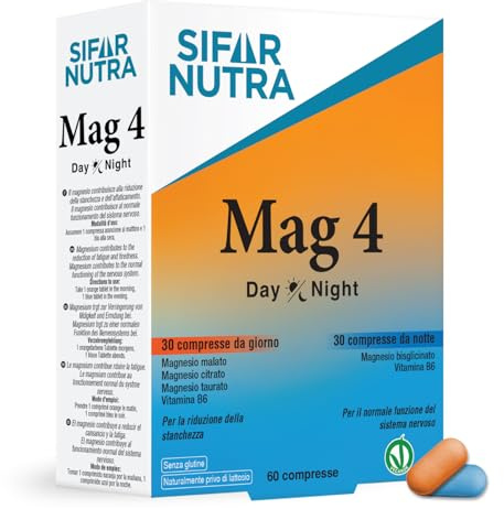 Sifar Nutra Mag 4 Day&Night |Magnesio Completo|Cuatro Sales de Magnesio elemental y Vitamina B6 |Suplemento contra el estrés y la fatiga|Sin Gluten ni Lactosa |Comprimidos Día y Noche|60 comprimidos