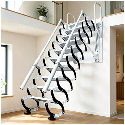 12 gradini Scala pieghevole per soffitta 43cm, Scala retrattile a muro con 2 corrimani, 12 gradini antiscivolo, capacità 300kg, Per altezze 2.95-3.05m (12 gradini)