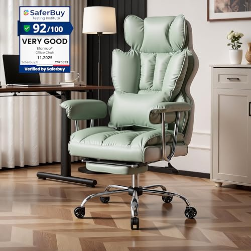 Efomao Desk Office Chair, Big and Tall PU Leather Ergonomic Office Chair, 200KG Adjustable High Back Computer Chair,Executive Swivel Chair with Footrest and Lumbar Support, Light Green
