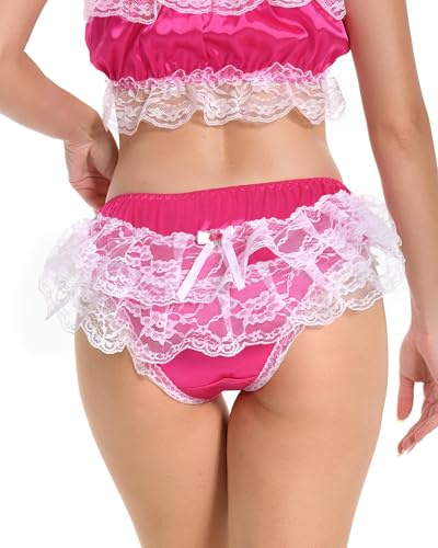 Satini Frilly Sissy Soft Lace Knickers Briefs Satin Panties (Hot Pink - White, XXL)