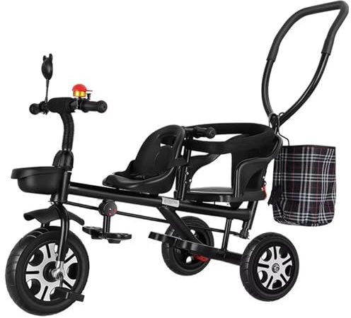 Triciclo tándem de dos asientos, triciclo con ruedas de titanio, cochecito de empuje con barra de empuje, asiento trasero con cinturón y apoyabrazos, frenos de pie en las ruedas traseras