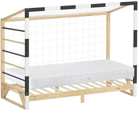 ML-Design Barnsäng med Fotbollsmål 90x200 cm med Madrass H:16 cm Träbädd med Ribbotten Klätterstege och Nät Ungdomssäng av Furu Enkelsäng för Barn Sängram för Pojkar Flickor Lekbädd Sovplats Barnsäng