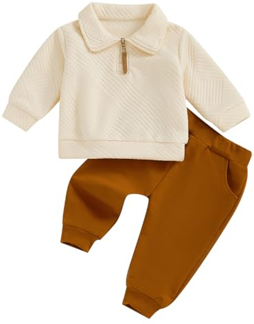 LUVCES Vêtement Bébé Garçon Manche Longue col Rabattu Uni/à Carreaux Sweatshirt +Pantalon 2 Pièces Automne Hiver Ensemble de Survêtement