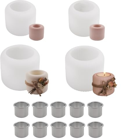 WUSJCOF Set di 4 Stampi per Candele in Silicone, Stampi per Candele a Stelo e 10 Portacandele per Tealight
