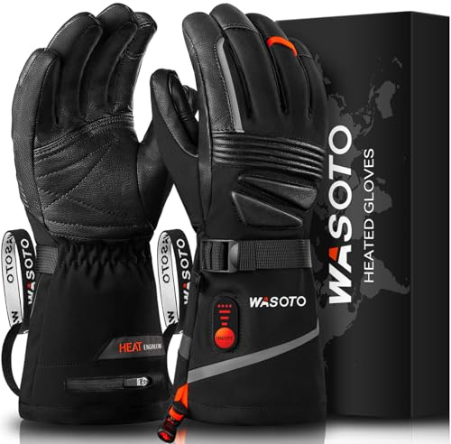 WASOTO Heated Gloves for Men Women,7.4V Battery 22.2WH Rechargeable Electric Heated Leather Gloves for Winter Outdoor Work Motorcycle Riding Skiing Snowboarding Hiking Camping Raynaud (Black, L)