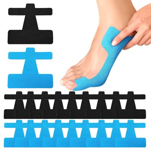 CUVZOR Lot de 20 bandes de kinésiologie prédécoupées pour hallux valgus pour orteils et pieds - Soutien efficace et soulagement de la douleur pour les oignons (noir + bleu)