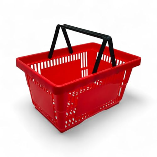 1x Red 22 Litre Plastic Shopping Basket with Handles Heavy-Duty HDPE Basket for Retail, Grocery & Convenience Stores Lightweight, Stackable