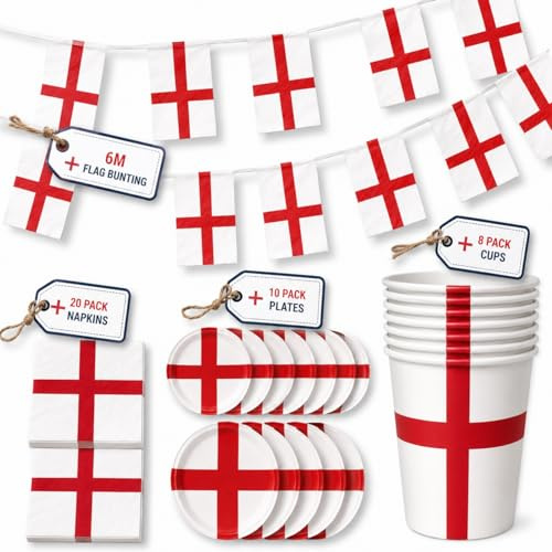 ADEPTNA World Cup 2026 39Pcs England Saltire Party Decorations Set 6m England Flag Bunting with Paper Cups Plates Napkins England Football Party Tableware Pack for Euros World Cup BBQ Garden