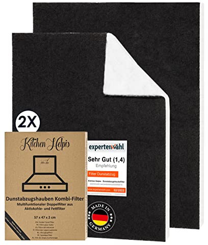 Kitchen Helpis® 2 Dunstabzugshauben-Filter mit AKTIVKOHLE & FETTFILTER, Filter Dunstabzugshaube 57x47 cm [zuschneidbar] - 2cm dick -, Aktivkohlefilter für Dunstabzugshaube, Kombifilter für Abzugshaube