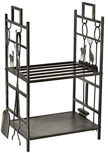 HOMCOM Porte-bûches range bûches étagère à bois de cheminée serviteur de cheminée cerf multi-accessoires 2 étagères dim. 51,5L x 33l x 77H cm métal noir or vieilli