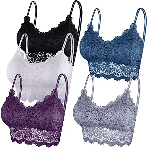 Duufin 5 Stück Spitzen BH Bralette Spitze Gepolstert für Damen und Mädchen, 5 Farben (Schwarz, Weiß, Grau, Lila, Stahlblau, S-M)