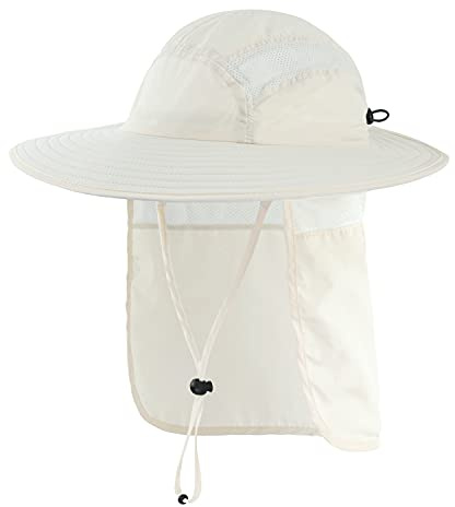 Home Prefer Mens UPF 50+ Sun Protection Cap Wide Brim Fishing Hat with Neck Flap (Ivory)
