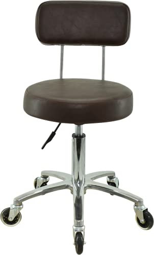 VAKON SALON - Premium Rollhocker mit Lehne in braun - Höhenverstellbar von 50 bis 65 cm - Rundsitz - Drehhocker Arbeitshocker Praxishocker