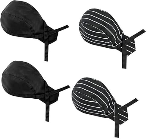 QINERSAW 4 Pz Cappello Cuoco Regolabile Bandana da Cuoco Berretto Cuoco Cappello Cucina Giapponese Nero e Rigati Cappelli da Chef per Cucina, Hotel, Ristorante, Barbecue (58-62 CM)