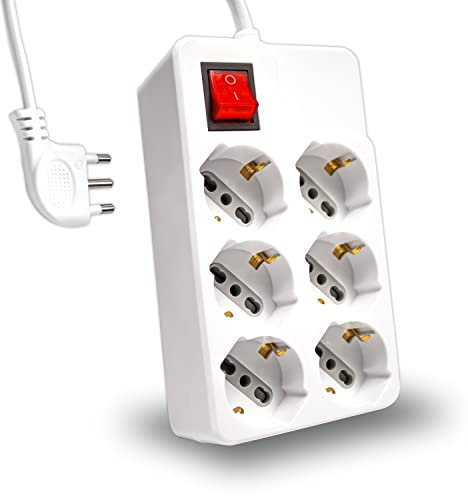 V-TAC Ciabatta Multipresa Elettrica 6 Posti con Interruttore e Cavo 1,5mt - 6 Prese Frontali 10/16A Bipasso Schuko - Presa Elettrica per Casa, Ufficio, Negozio - Spina 16A, Bianco