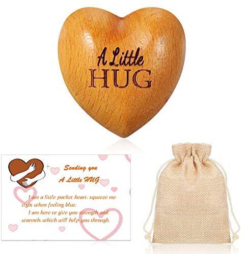 Otuuz Pocket Hug Gift Little Wooden Heart Ornament with Card and Drawstring Bag Sending Love Gifts for Women Couple (Hug,1.4 x 1.4 x 0.8)
