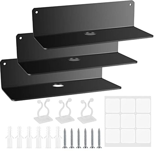 OIJOIYOI 3 Pezzi Mensola da Parete, Mensola Galleggiante in Acrilico Senza Foratura, Mensole da Muro Adesiva in Acrilico per Bagno Soggiorno Camera da Letto Cucina Ufficio, con Clip per Cavi - nero