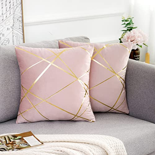 Rosa Samt Kissenbezug 40x40cm 2er Set Golden Geometrie Sofakissen Dekokissen Kissenhülle Couchkissen Outdoor Dekorative Kissen Kissenbezüge Moderne Zierkissen Bezug für Schlafzimmer Sofa Bett