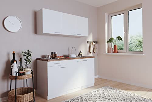 Respekta Singleküche Luis 150cm ohne Kühlschrank Korpus und Arbeitsplatte weiß Fronten Weiß