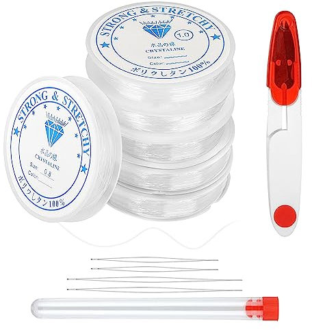 CoKeeSun Filo Elastico per Braccialetti Resistente, 0.5mm-1.0mm Fili per Braccialetti Set 6 Volumi Filo per Collane,Con 4 Aghi per Perline e 1 Paio di Forbici per Braccialetti, Artigianato DIY Cucire
