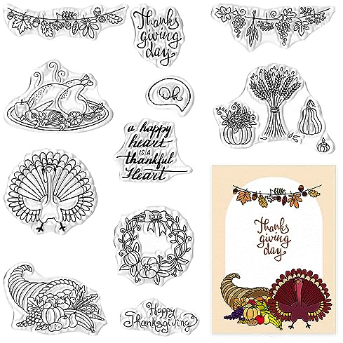 Estivaux Fall Thanksgiving Turkey Clear Stamps for Card Making and Journaling, Pumpkin Fruit Wreath Rubber Stamps Autumn Harvest Vegetables Stamps for Scrapbooking DIY Cards Album Crafts Supplies