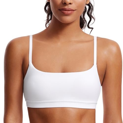 CRZ YOGA Butterluxe Adjustable Spaghetti Strap Sports Bras for Women - Scoop Neck Wireless Padded Yoga Workout Crop Top White Medium