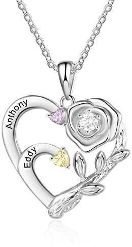 Glooraca Collier de pierres de naissance simulées pour femmes avec 1-4 noms Collier de pendentifs en forme de coeur personnalisé pour maman, femme et grand-mère (2 Noms)