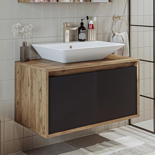 ROOMART • Mobili da bagno • Atlantic • Lavabo in ceramica con mobiletto da 65 cm, 85 cm, 100 cm, colore bianco – rovere antracite • bianco (rovere antracite, 85 cm)