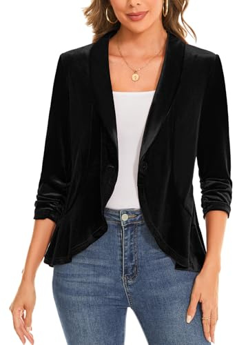 MINTLIMIT Velvet Blazer Jacket for Women Ruffle Hem 3/4 Sleeve Shawl Collar One Button Casual Dressy Jackets for Work (Black XL)