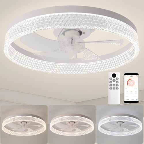 ZYDTRIP Ceiling Fans with Lights and Remote, 19.7 Inch Ceiling Fan, 6 Speeds, Reversible, Dimmable Flush Mount Fan Light, Modern and Bladeless Ceiling Fan Light for Bedroom Living Room Dining Room