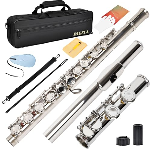 Professional Silver Plated C Flute for Beginners and All Levels, 16 Key Closed Hole with Ergonomic Design, Includes Carrying Case, Gloves, Cleaning Cloth, Tuning Rod, INEFFA