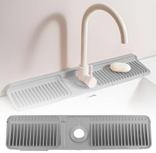 Dophee Kitchen Sink Splash Guard Silicone Faucet Mat Handle Drip Catcher Tray Behind Faucet with Soap Dispenser Hole Water Clear Gadgets for Sink Accessories(Dark Gray)