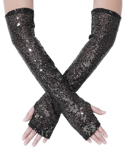 ASFWAGQ Långa paljetter handskar fingerlösa dam danshandskar kostym handskar prestanda handskar för halloween, cosplay, bröllop, fest, maskerad, karneval