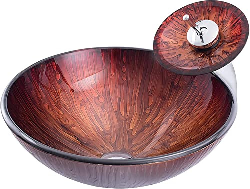 HPTHLY Lavabo De Tocador De 42 X 14 Cm, De Vidrio Templado, Redondo, para Encimera, con Grifo Y Desagüe, Estilo Artístico Vani.