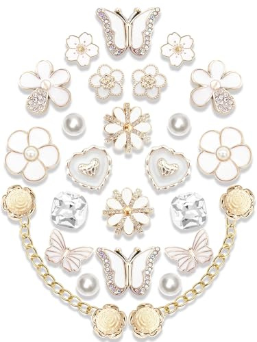 Acwenie 24pcs Bling Shoe Charms Set –Pearl, Plastic Butterfly, Flower & Chain Decorations for Clogs & Sandals – Cute Accessories for Women & Girls Gift