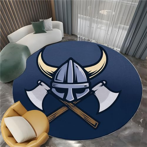 Viking Symbol Axe Round Rugs 5 ft Area Rug Washable Moisture Barrier Round Carpet, Blue Soft Non-Slip Low Pile Circle Carpet - Entryway Office Bedroom Living Room Runner