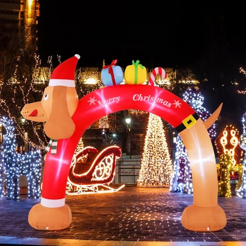 COSTWAY Arco Gonfiabile a Forma di Bassotto 242 CM, Decorazione Gonfiabile di Natale con Luci LED, Soffiatore Integrato, Corde e Picchetti, per Giardino, Prato e Cortile